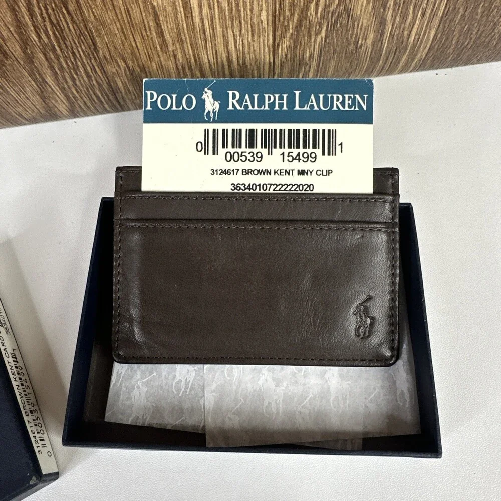 New VINTAGE POLO Ralph Lauren KENT Leather Money Clip w/Card Slots BROWN Wallet